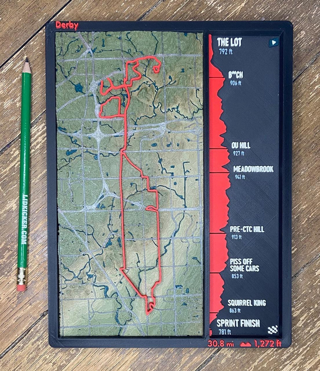 Derby 3D Route Map with Elevation - Detroit area cycling wall decor