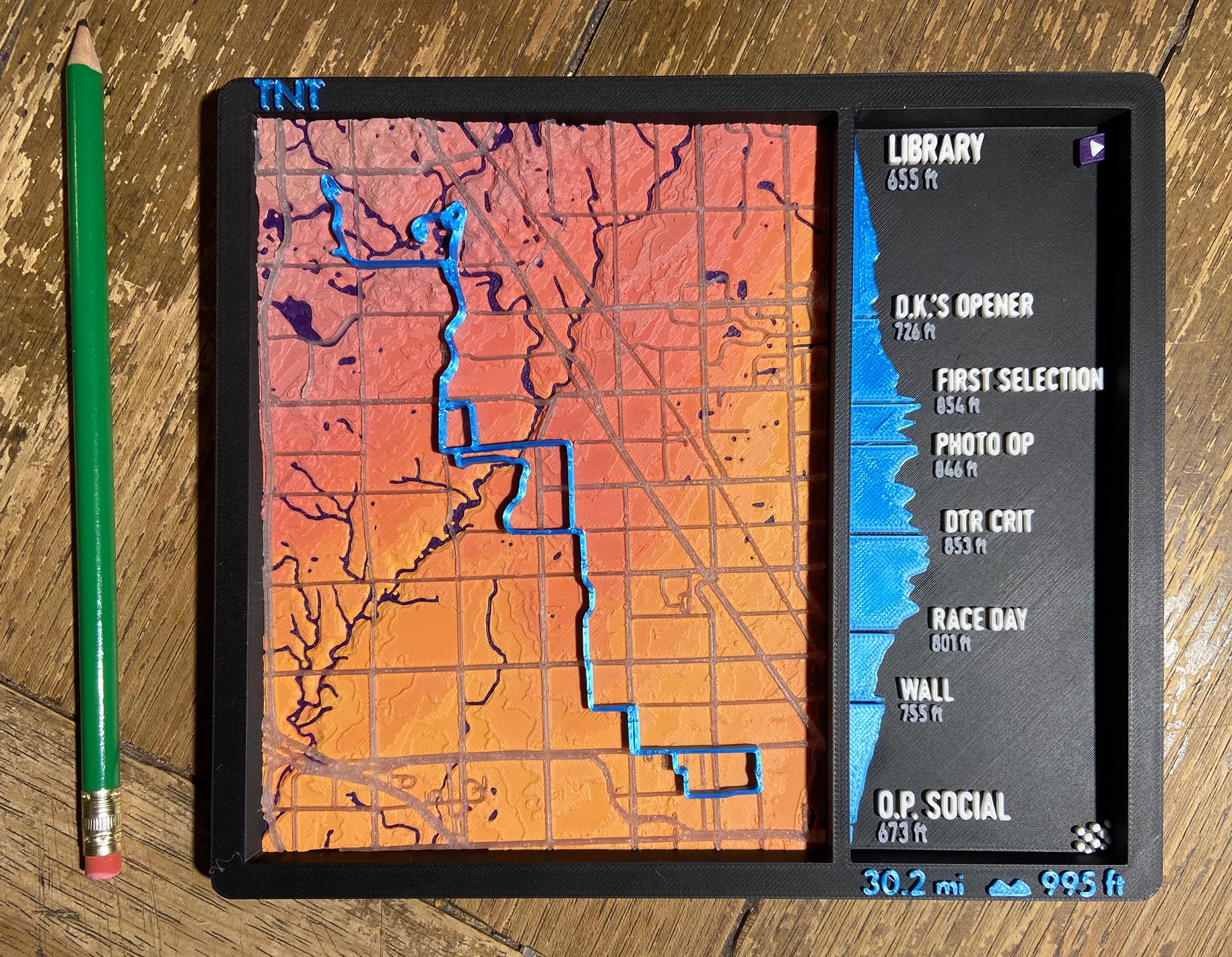 TNT 3D Bicycle Route Map with Elevation - Detroit area group ride cycling wall decor