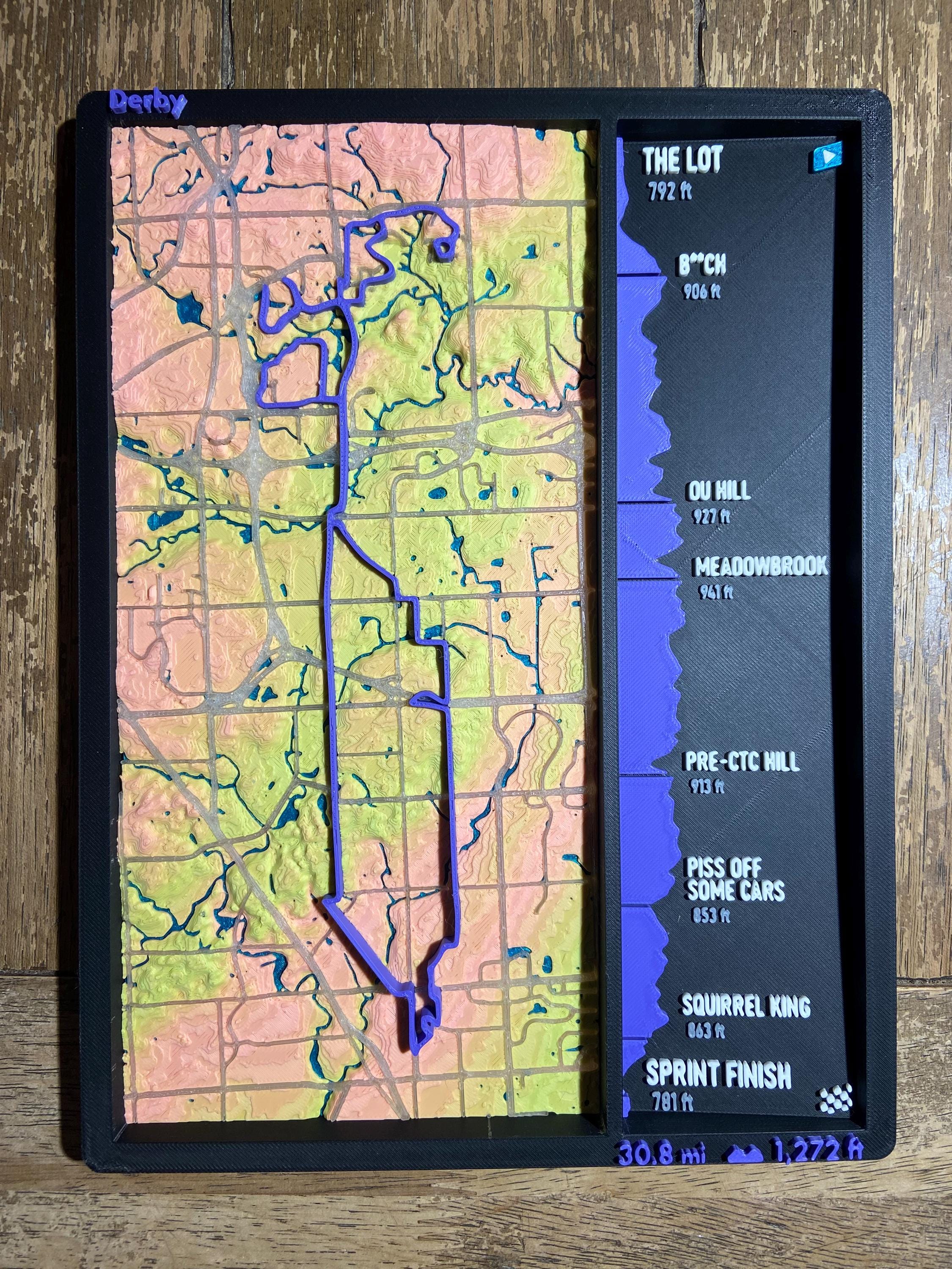 Derby 3D Route Map with Elevation - Detroit area cycling wall decor